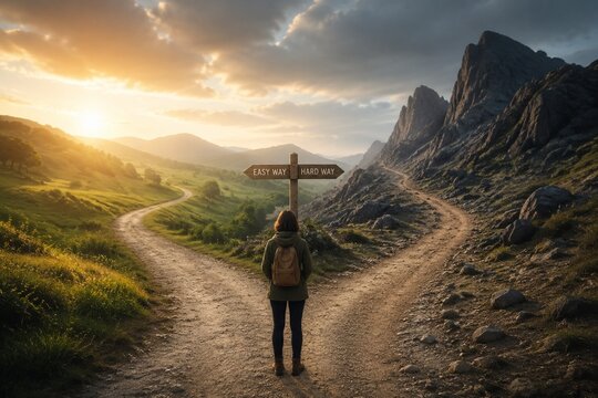 Conceptual image of diverging paths in natural landscape, symbolic choice representation, soft directional lighting.
