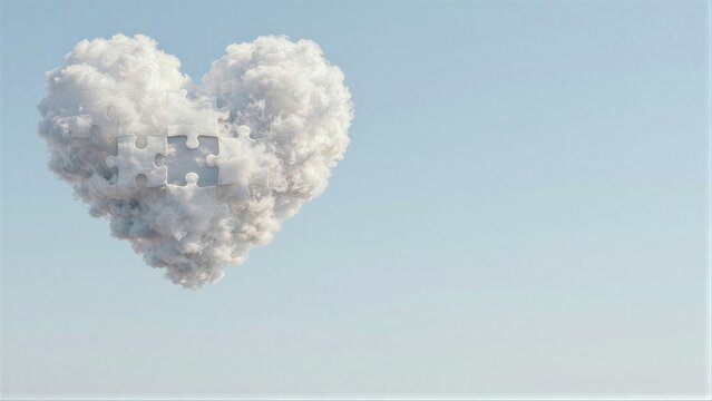 Heart-shaped cloud with puzzle pieces, symbolizing love and connection against a serene sky.