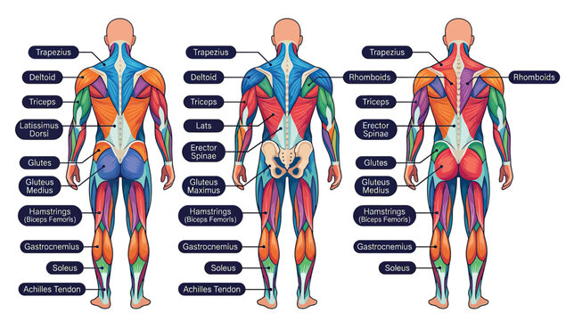 Anatomical Illustration of Human Back Muscles with Labels