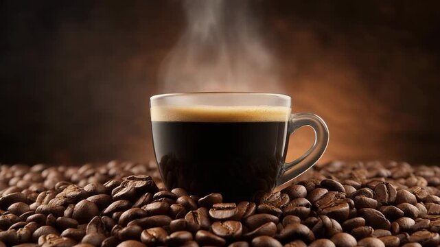 Steaming Espresso Cup on Coffee Beans 4K Generative AI