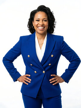 Confident Black businesswoman in blue suit, smiling brightly, isolated on white background