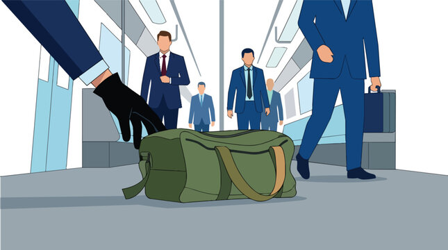Unattended luggage theft and pickpocketing crime scene flat vector illustration for public transit security awareness