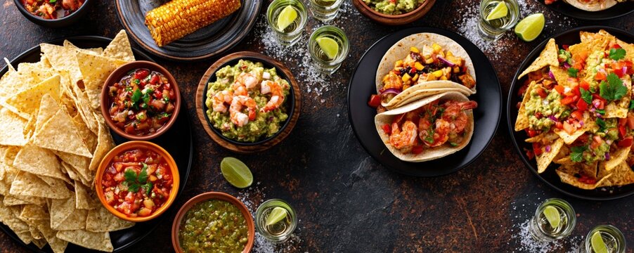 Mexican food spread with traditional tacos nachos guacamole and spicy salsa dinner