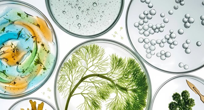 Microalgae and organic plant extracts in petri dishes, laboratory biotechnology for skincare formulation