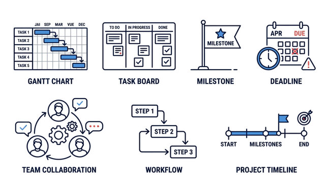 Project management workflow timeline with team collaboration and milestone tracking
