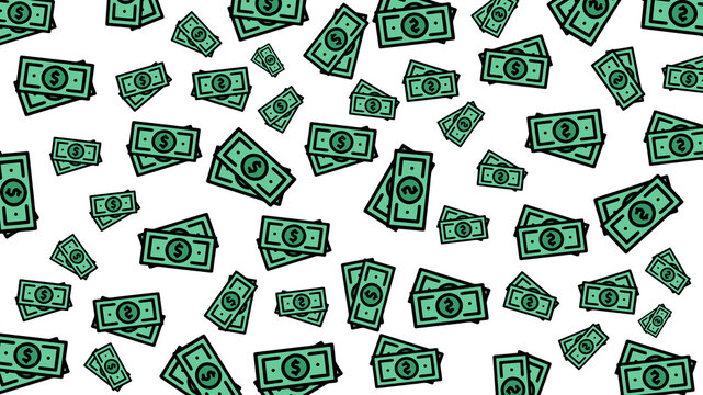 Falling green dollar bills vector background. Minimalist flat money seamless pattern for financial and business design concepts.