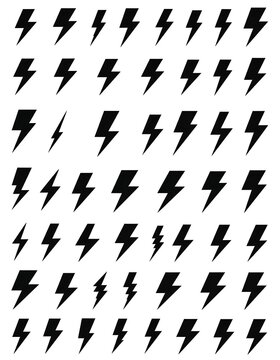 A collection of 40 black lightning bolt icons on white