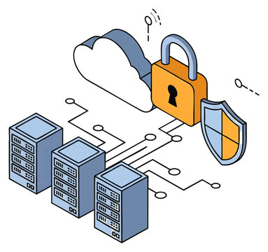 3D Isometric secure servers with golden padlock and digital cloud connection, concept for data protection and cybersecurity solutions in business, IT infrastructure, and cloud storage services