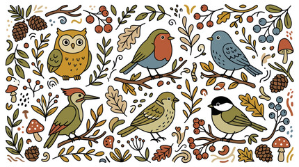 Woodland bird pattern with owls and autumn leaves. © diki
