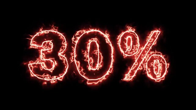 Animation of the number "30%" featuring a blazing fire effect and lightning flashes, designed for a discount offer, set against a black background.