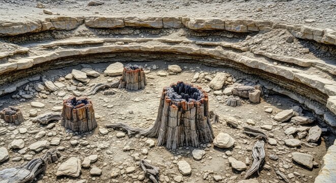An immersive view into a prehistoric fossilized sinkhole wetland displaying petrified tree stumps amidst dry sediment and rock layers, nature, formation, sinkhole