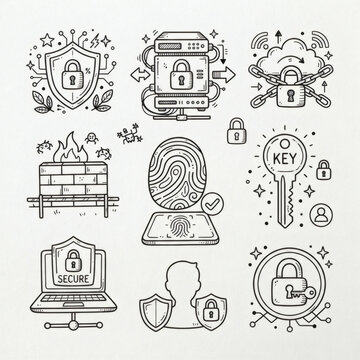 Set of playful hand drawn cyber security illustrations. Doodle drawings of protective digital shields, firewall brick walls, secure computer servers, biometric thumbprints and password keys. Line art 