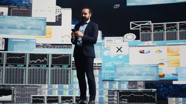 An entrepreneur sends a text message about analytics reports, using mobile communication to support performance, management decisions and business innovation.