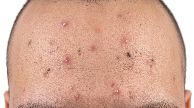 Close up of male forehead with numerous closed comedones, inflamed papules and whiteheads