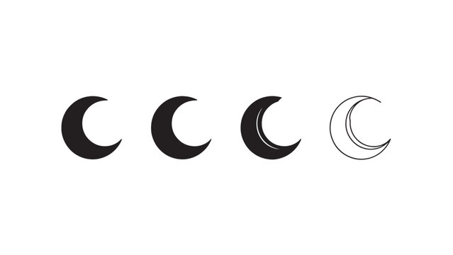 Four crescent moon icons in a row transitioning from solid black to thin outline, minimalist black‑and‑white vector style, concept of lunar phases and visual transformation.