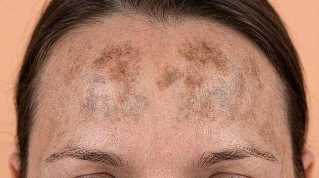 Front view of woman forehead with widespread hyperpigmentation and melasma patches