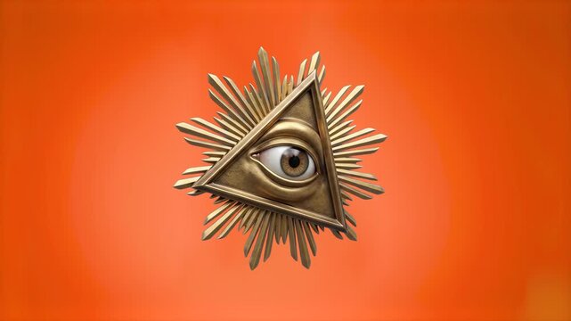 A metallic 3D model of the Eye of Providence featuring a golden triangle and radiating sunburst rays, suspended over a vivid orange backdrop. Perfect for mystical storytelling, esoteric documentaries,