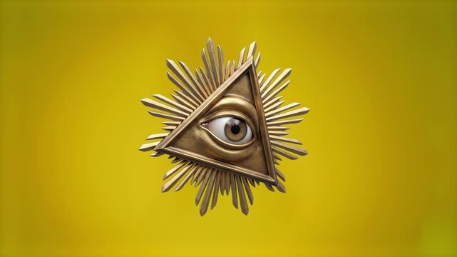A detailed golden 3D render of the Eye of Providence pyramid emblem with radiant sunburst rays, isolated against a solid yellow background. Ideal for themes involving mystery, secret societies, spirit