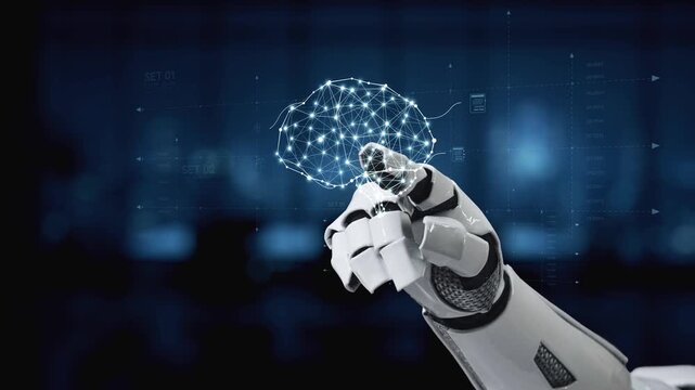 A robotic hand interacts with a digital brain projection and data analytics screen, symbolizing the fusion of technology, intelligence, and innovation in modern science. Synapse