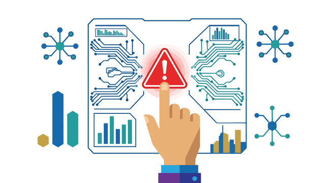 Cybersecurity alert and system error detection with human hand touching warning icon flat vector illustration for it network security branding