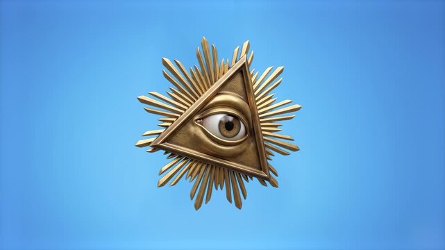 High-detail 3D render of the golden Eye of Providence inside a triangle with radiant sunbeams, set against a solid bright blue background. Excellent for secret society trailers, esoteric documentaries