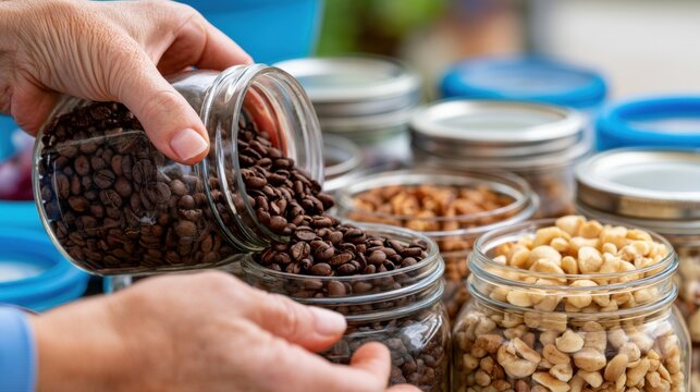 Hands pour roasted coffee beans from glass jar into another container. Open jars of nuts and beans show bulk market shopping and food refilling