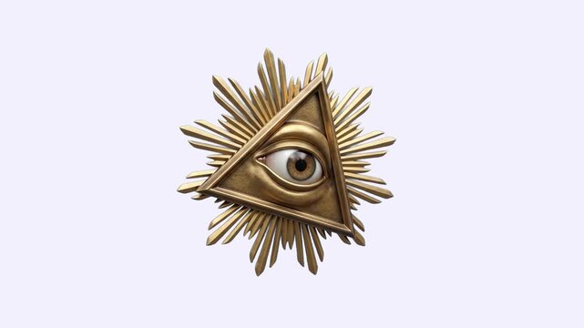 A golden 3D animated Eye of Providence triangle emblem with radiating light rays rotates slightly. This occult icon is isolated on a clean white background.