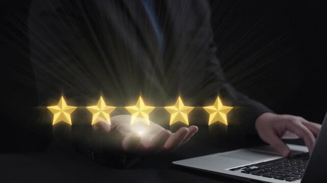 A businessman engages with a laptop, displaying glowing five stars and speech bubbles to illustrate the importance of feedback and online reviews in business success. Qubit