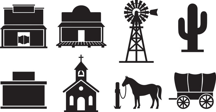 Set of black silhouette featuring wild west including a saloon, church, windmill, cactus, horse, and covered wagon on white