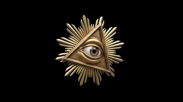 A metallic gold Eye of Providence triangle emblem with a surrounding starburst of rays rotates in place. This esoteric 3D animation is isolated on a solid black background.