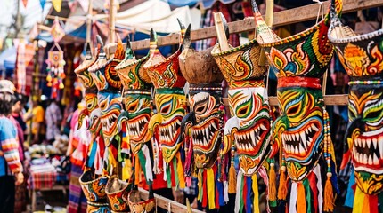 Fototapeta premium Colorful Phi Ta Khon Ghost Masks Displayed at a Local Market in Loei