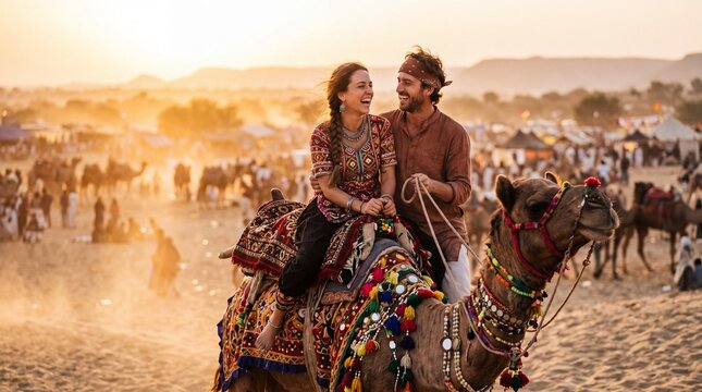 Happy Couple Riding Decorated Camel at Pushkar Camel Fair in Rajasthan India