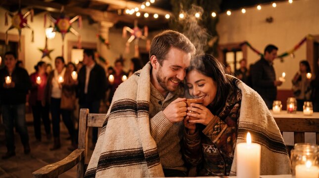 Romantic Couple Wrapped in Blanket Drinking Warm Ponche at Las Posadas