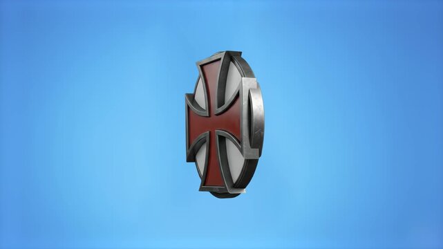 A detailed 3D animated iron shield featuring a red crusader cross rotates steadily. The historical armor piece is isolated on a solid light blue background.