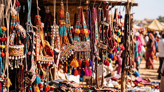 Traditional colorful camel ornaments hanging at Pushkar Fair market stall