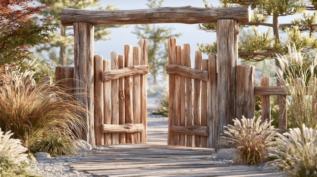 Handcrafted Natural Log Entrance Gate Surrounded by Vertical Grass and Peaceful Scenic Landscape