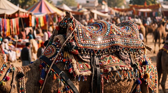 Decorated camel with traditional embroidered saddle at Pushkar Fair, India