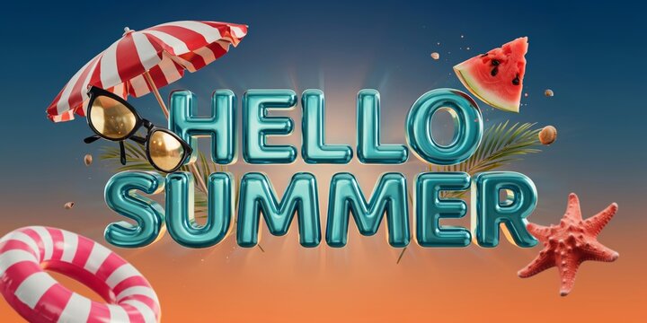 Hello summer text with beach items on sandy background