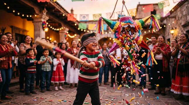 Blindfolded Mexican Boy Hitting a Colorful Pi&ntilde;ata at Las Posadas Celebration
