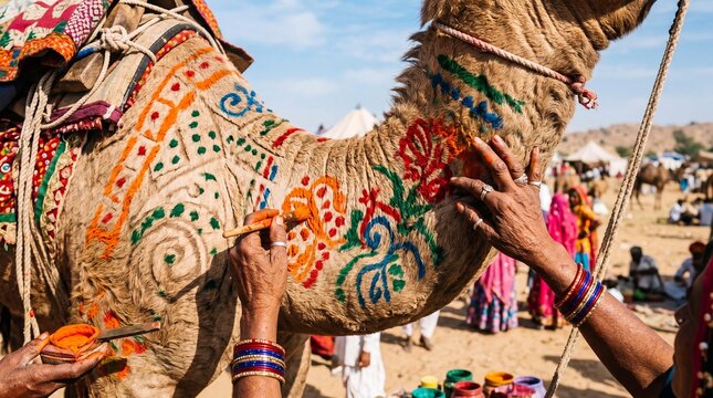 Decorating a camel with colorful dye patterns at the Pushkar Camel Fair