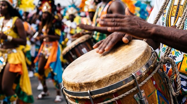 Close-up of hands drumming on a traditional Goombay drum at Junkanoo festival