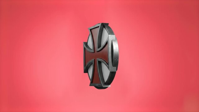 A metallic medieval iron shield decorated with a red cross patt&eacute;e rotates in a slow loop. This 3D animated fantasy asset is set against a solid pink background.