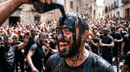 Naklejka premium Man Covered in Black Paint Smiling During Cascamorras Festival in Baza Spain