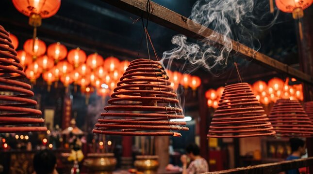 Burning spiral incense coils emitting smoke in a traditional Chinese temple