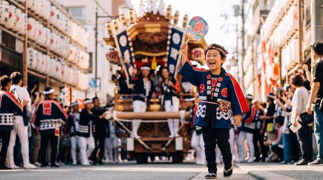 Happy Japanese Boy in Happi Coat Celebrating Kishiwada Danjiri Matsuri