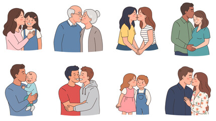 Fototapeta premium Diverse bisous vector set featuring happy couples and families showing affection with parents kissing children seniors lgbtq partners and pregnant woman flat illustrations.