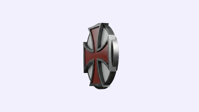 A metallic 3D shield featuring a red cross patt&eacute;e revolving smoothly over a clean light background. Perfect for medieval history documentaries, video game user interfaces, and heraldic design projects