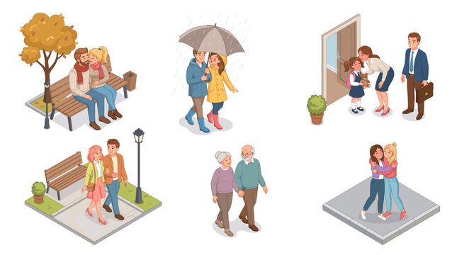 Isometric people relationship and bisous vector illustration set featuring couples sitting on bench walking under umbrella family greeting and friends hugging for lifestyle design.