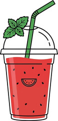 Cute Strawberry Smoothie in Takeaway Cup with Straw and Mint Leaf Cartoon Illustration © SAIF820