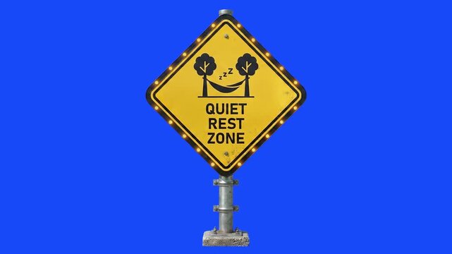 A detailed 3D render of a diamond-shaped yellow warning sign featuring a hammock between two trees icon and the text "QUIET REST ZONE," mounted on a metal post against a solid blue backdrop. Perfect f